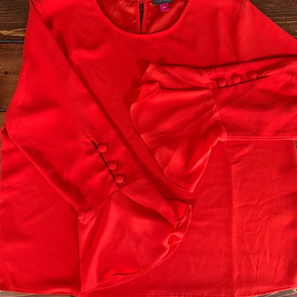 Women's Vince Camuto Large Red Bell Sleeve Keyhole Back Polyester Blouse EUC - Picture 5 of 13